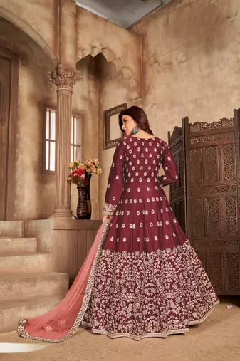 Maroon embroidered art silk anarkali suit