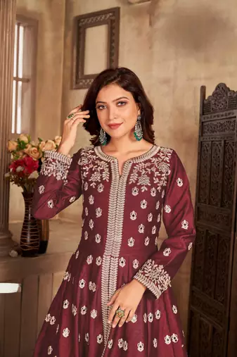 Maroon embroidered art silk anarkali suit