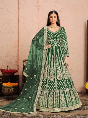Green embroidered net anarkali suit 1