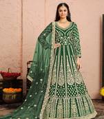 Green embroidered net semi stitched anarkali suit