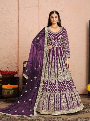 Purple embroidered net anarkali suit 1