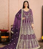 Purple embroidered net semi stitched anarkali suit