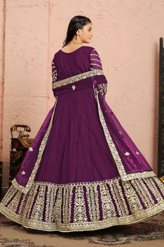 Purple embroidered net anarkali suit