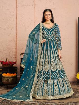 Teal embroidered net anarkali suit 1