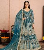 Teal embroidered net semi stitched anarkali suit