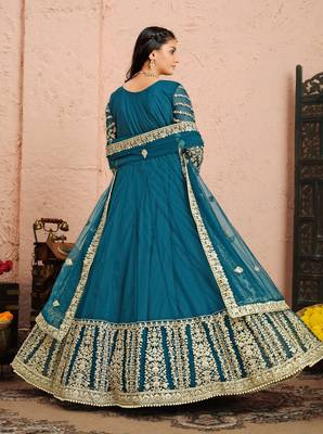 Teal embroidered net anarkali suit 2