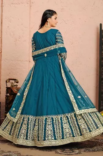 Teal embroidered net anarkali suit