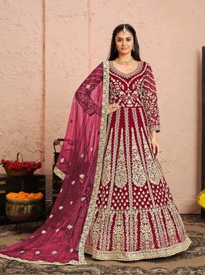 Pink embroidered net anarkali suit 1