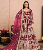 Pink embroidered net semi stitched anarkali suit