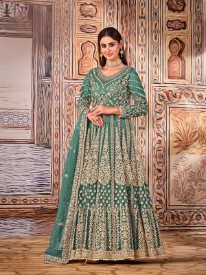 Green embroidered net anarkali suit 1