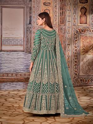 Green embroidered net anarkali suit 2