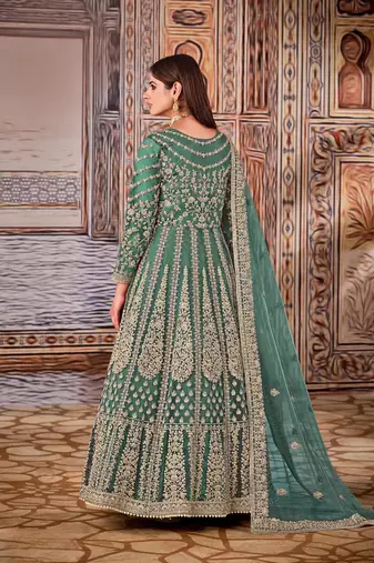 Green embroidered net anarkali suit