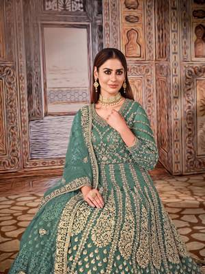 Green embroidered net anarkali suit 3