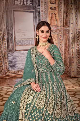 Green embroidered net anarkali suit