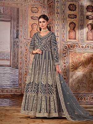 Grey embroidered net anarkali suit 1