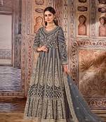 Grey embroidered net semi stitched anarkali suit