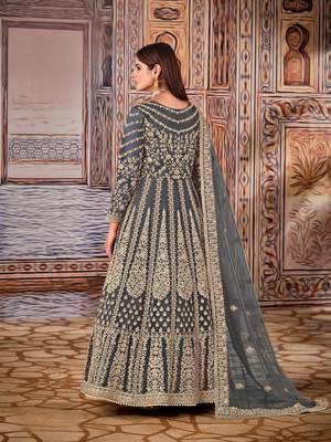 Grey embroidered net anarkali suit 2