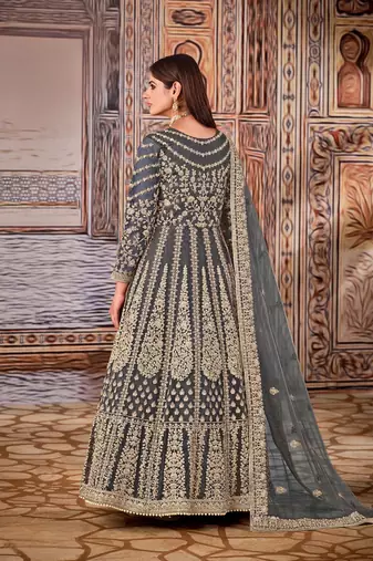 Grey embroidered net anarkali suit