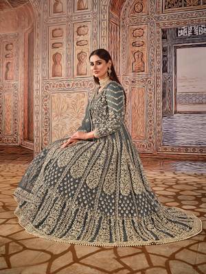 Grey embroidered net anarkali suit 3