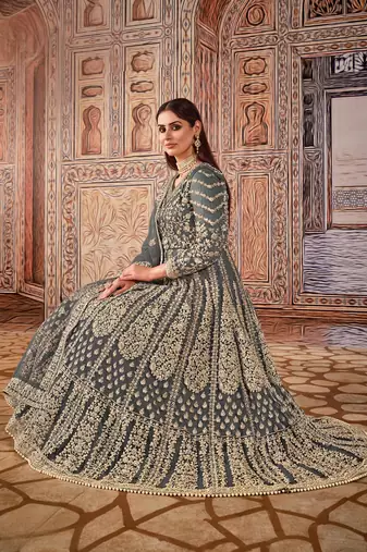 Grey embroidered net anarkali suit