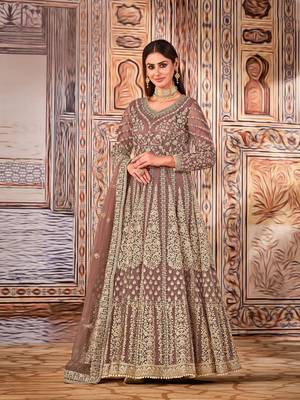 Light brown embroidered net anarkali suit 1