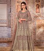 Light brown embroidered net semi stitched anarkali suit