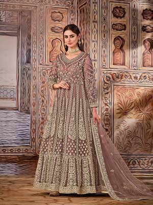 Light brown embroidered net anarkali suit 2