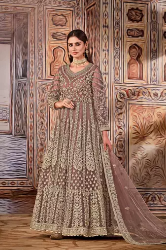 Light brown embroidered net anarkali suit