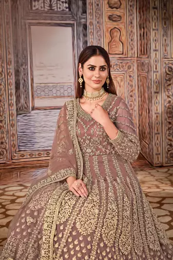 Light brown embroidered net anarkali suit