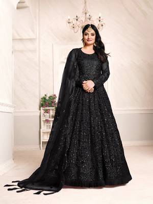 Black embroidered net anarkali suit 1