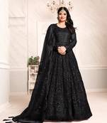 Black embroidered net semi stitched anarkali suit