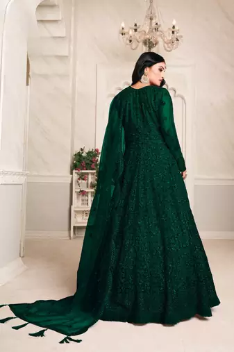 Green embroidered net anarkali suit