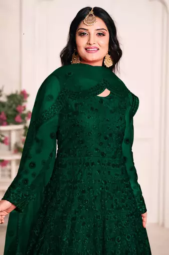 Green embroidered net anarkali suit