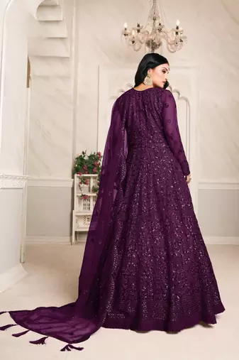 Purple embroidered net anarkali suit
