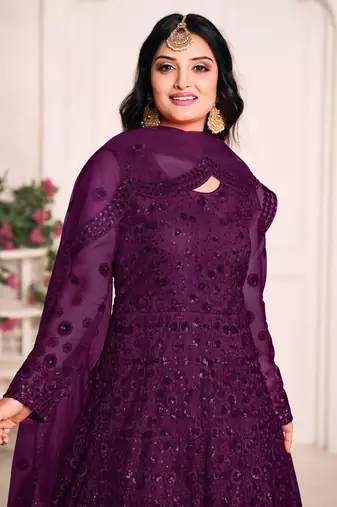 Purple embroidered net anarkali suit