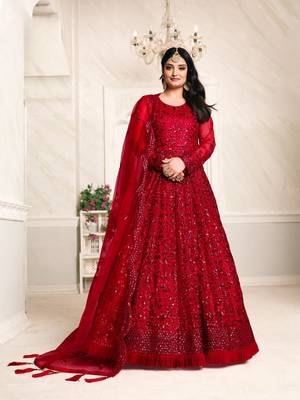 Red embroidered net anarkali suit 1