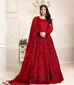 Red embroidered net semi stitched anarkali suit