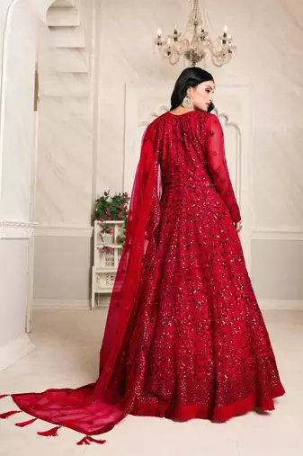 Red embroidered net anarkali suit