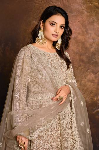 Mehendi embroidered net semi stitched anarkali suit