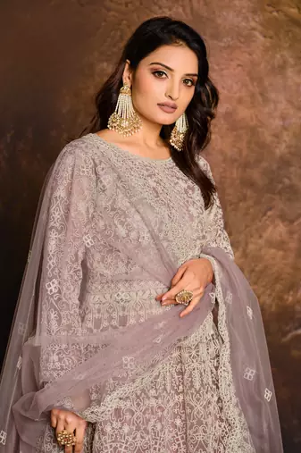 Purple embroidered net anarkali suit