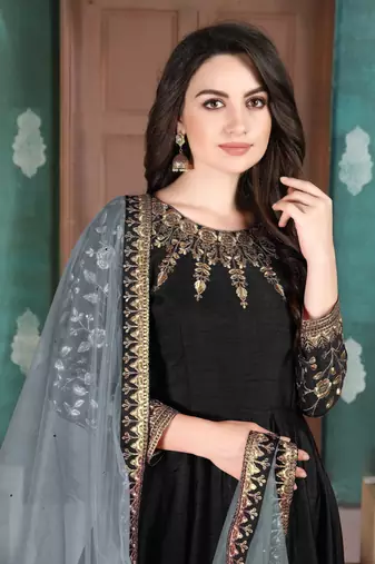 Black embroidered adda silk anarkali suit