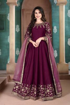 Purple embroidered adda silk anarkali suit 1