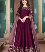 Purple embroidered adda silk semi stitched anarkali suit