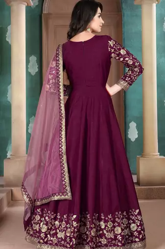 Purple embroidered adda silk anarkali suit