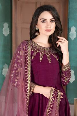 Purple embroidered adda silk anarkali suit 3