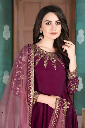 Purple embroidered adda silk anarkali suit