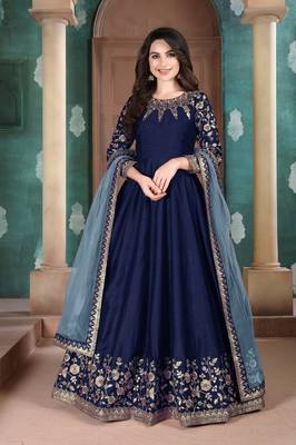 Navy blue embroidered adda silk anarkali suit 1