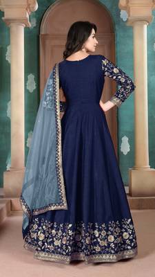Navy blue embroidered adda silk anarkali suit 2