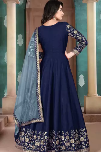 Navy blue embroidered adda silk anarkali suit