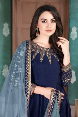 Navy blue embroidered adda silk anarkali suit 3